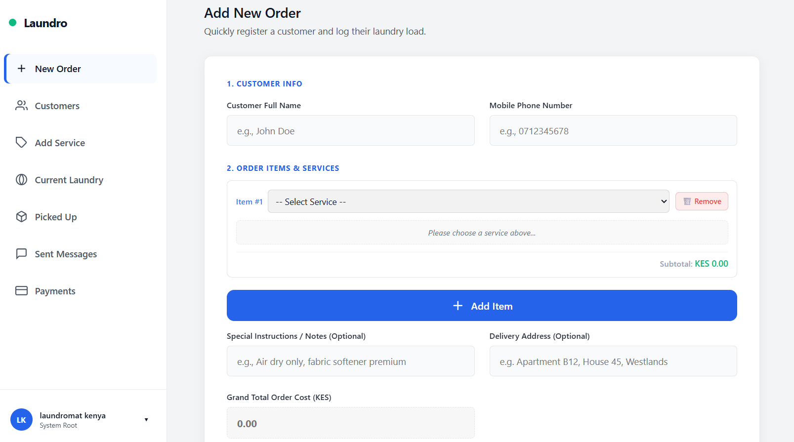 Laundro laundry management dashboard showing orders, payments, customers and business activity